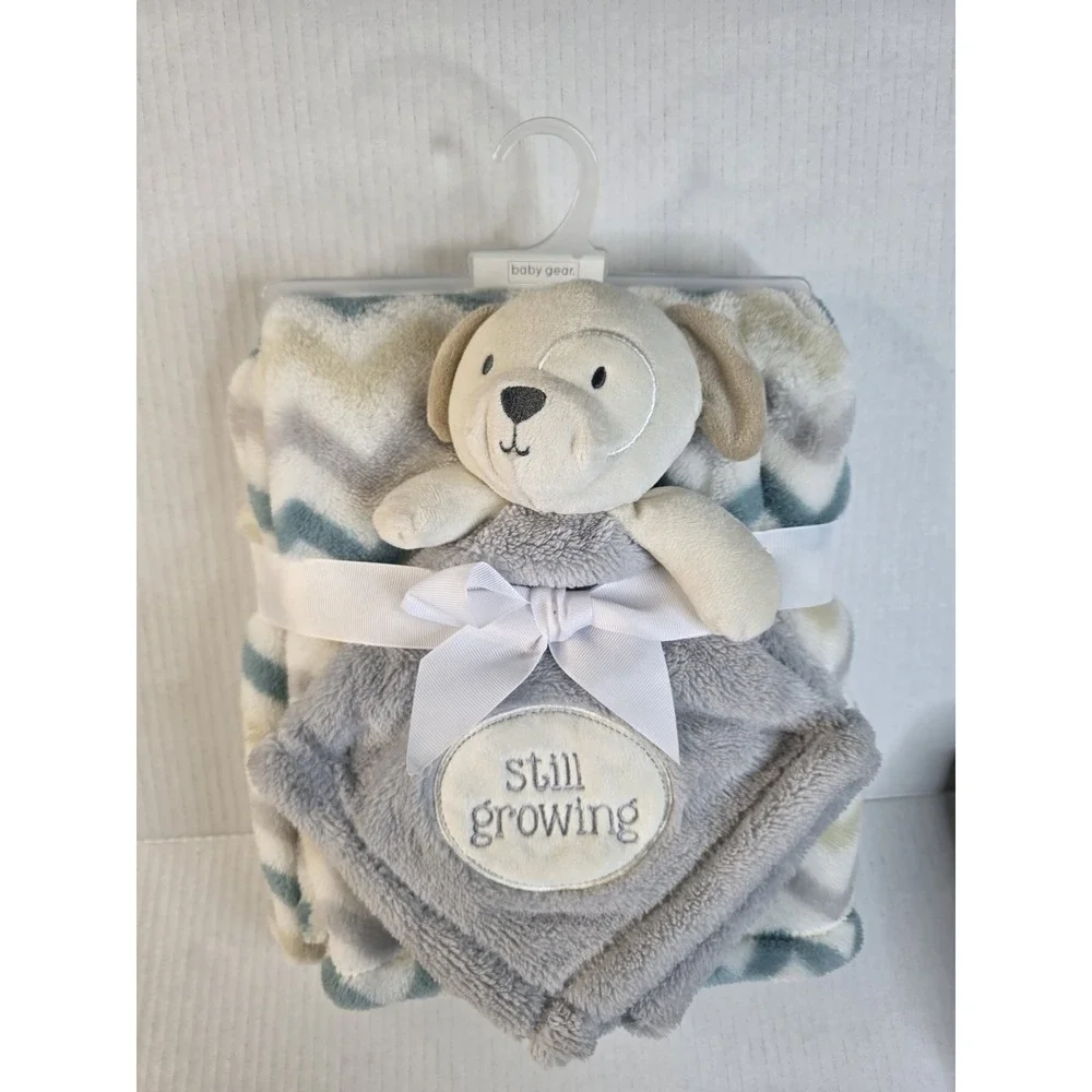 Baby‎ Gear Grey Tan Puppy Dog Still Growing Lovey Chevron Stripe Blanket Set NEW